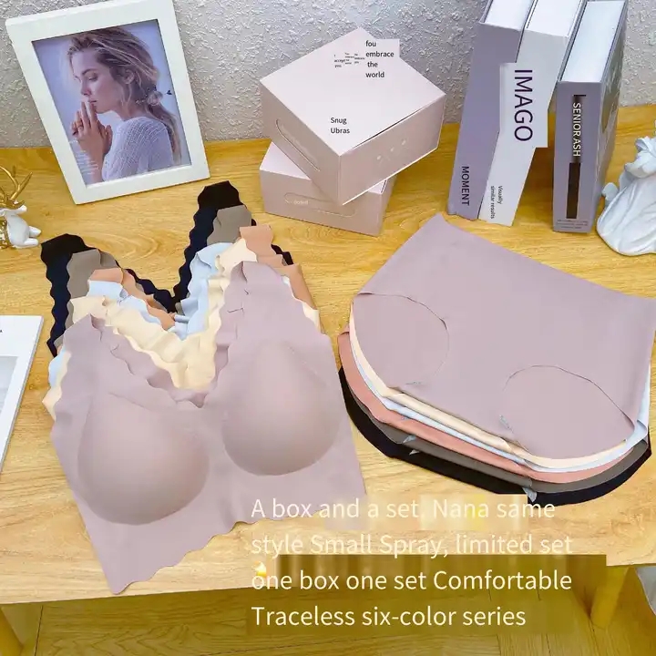 Custom women Rimless Full Cup Wave Edge Vest V Beauty Back Wireless Underwear Suit Ladies Bra Set